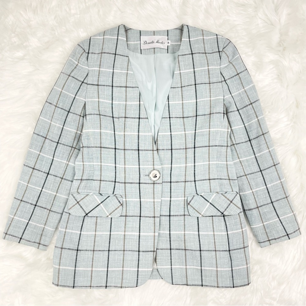 Vintage Baby Blue Plaid Blazer with Front Pockets